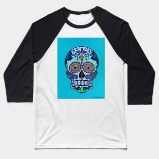 Dia de Los Muertos Skull on Aqua Baseball T-Shirt